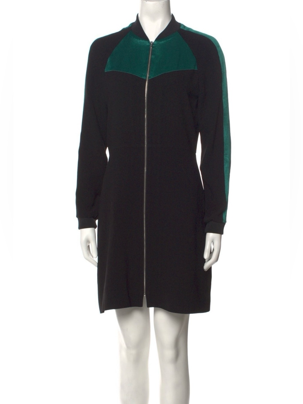 Maje Black and Teal Zip-Front Long Sleeve Dress Coat